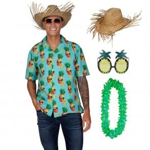 Hawaii Shirt Funky Pineapple Adult Costume Set Shirt Beachcomber Hat Costume Sets from A2Z Fancy Dress UK